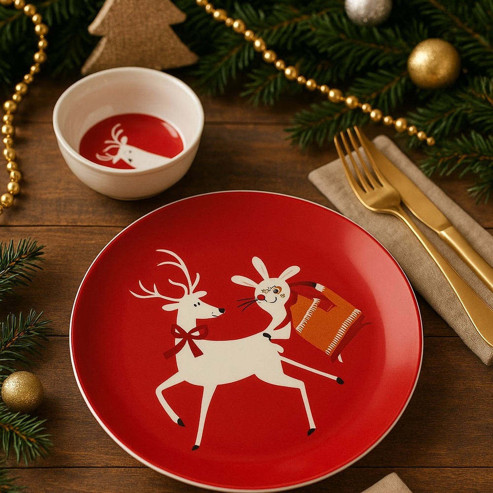 H&M Holiday Porcelain Set – Red Reindeer & Bunny Plate + Bowl